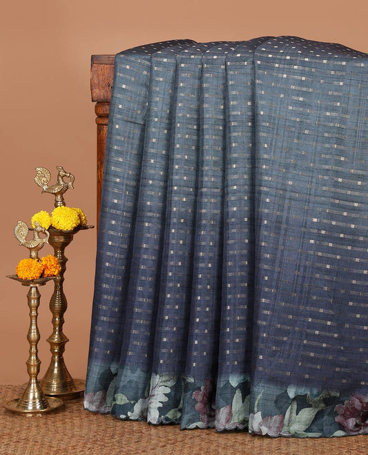 Blue zari dobby-style buttas semi-tusser saree, floral printed scallop border & pallu, blouse of zari & floral print