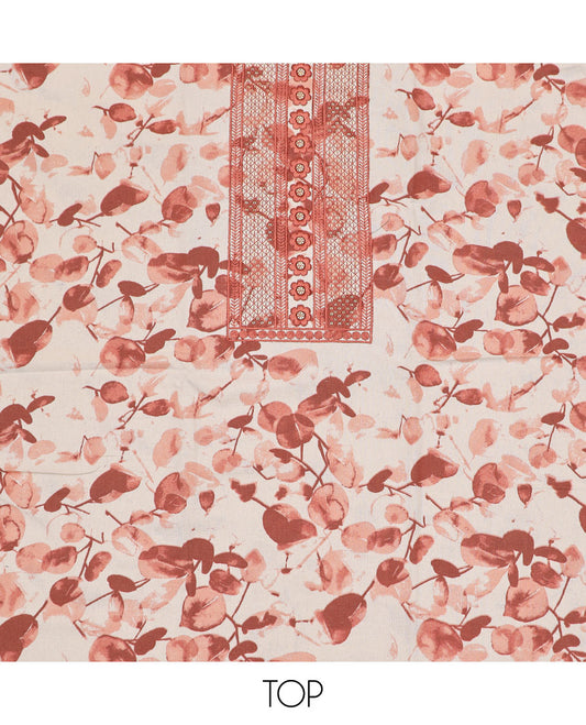 Brick color material chudidar set, leaf print with thread neck embroidered top, contrast bottom and sequins embroidered dupatta