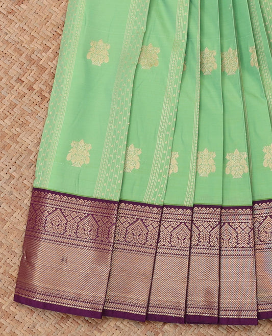 Pista Green Budget Silk Saree, Subtly Enriched with Zari Buttas and Stripes, a Contrast Traditional Zari Border, Grand Pallu, and a Contrast Blouse