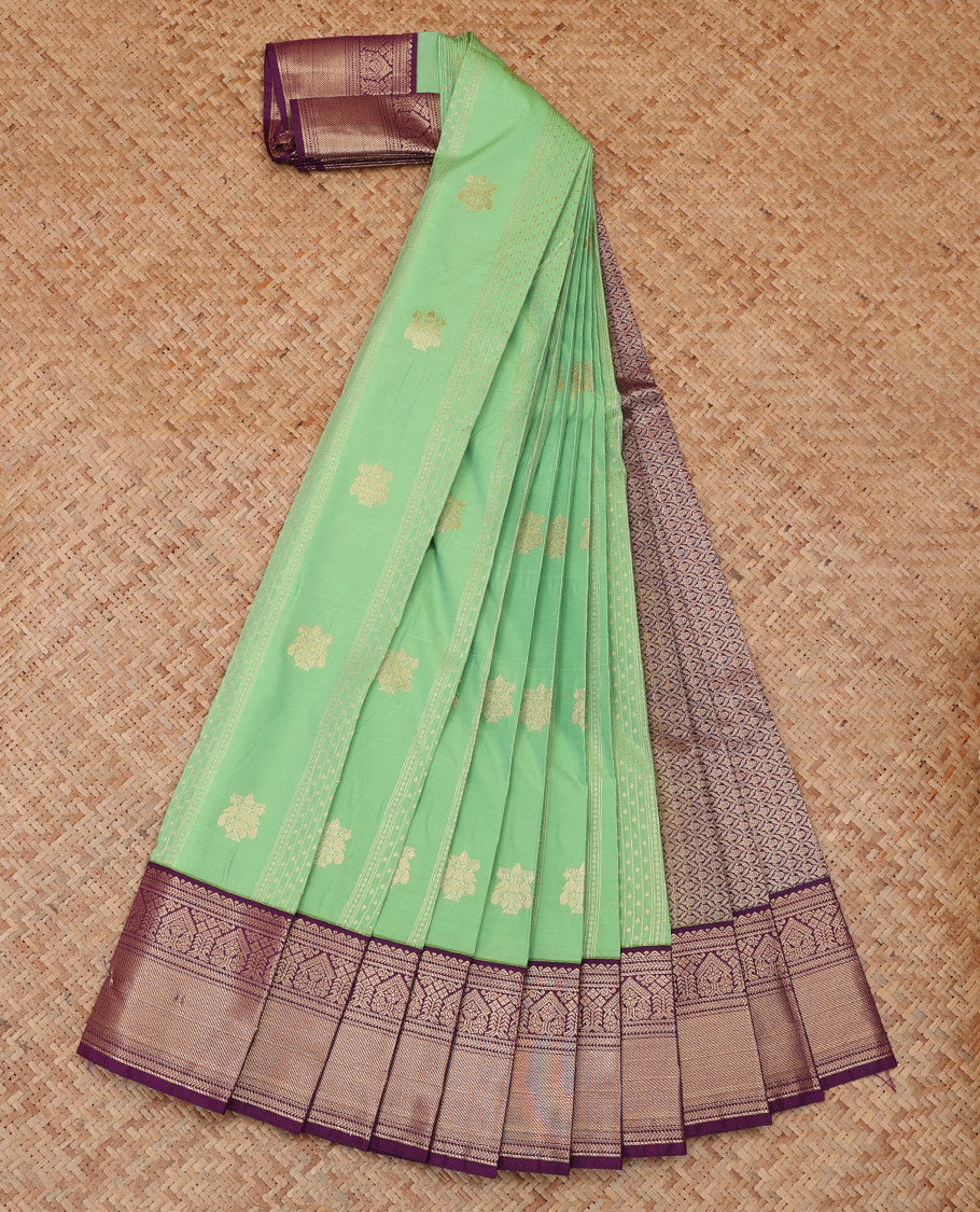 Pista Green Budget Silk Saree, Subtly Enriched with Zari Buttas and Stripes, a Contrast Traditional Zari Border, Grand Pallu, and a Contrast Blouse