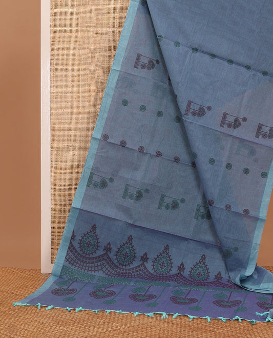 Blue-grey unique  buttas Coimbatore cotton saree, plain border & uniquely designed pallu
