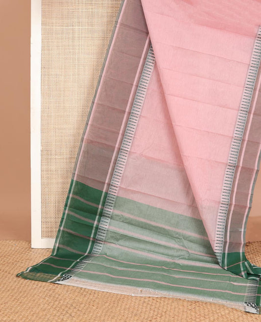 Baby pink plain chirala cotton saree, contrast rettai pettu thread temple border & striped pallu