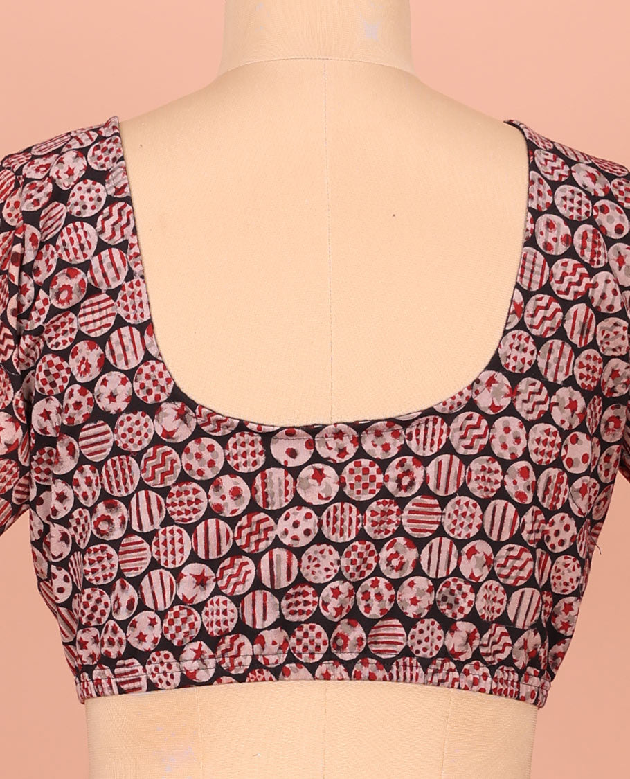 Black Cotton Readymade Blouse Embellished with All-Over Geometric Motifs Print, Featuring a Front Round-Neck, a Back Round-Neck, and Elbow Sleeves