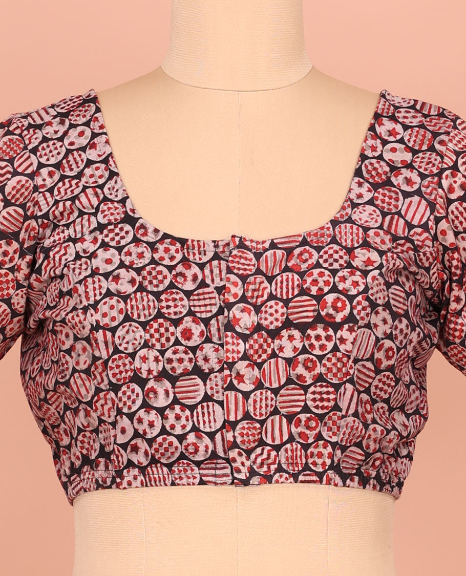 Black Cotton Readymade Blouse Embellished with All-Over Geometric Motifs Print, Featuring a Front Round-Neck, a Back Round-Neck, and Elbow Sleeves
