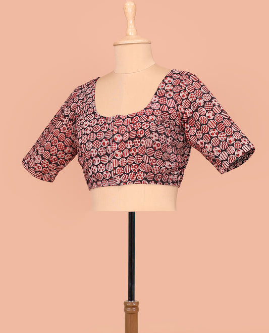 Black Cotton Readymade Blouse Embellished with All-Over Geometric Motifs Print, Featuring a Front Round-Neck, a Back Round-Neck, and Elbow Sleeves