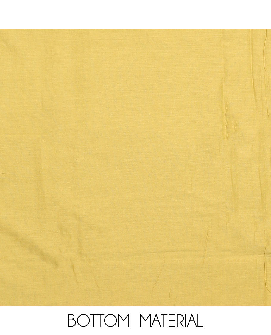 Yellow material chudidar set, intricately printed with neck work top, plain bottom, and floral motifs embroidered dupatta