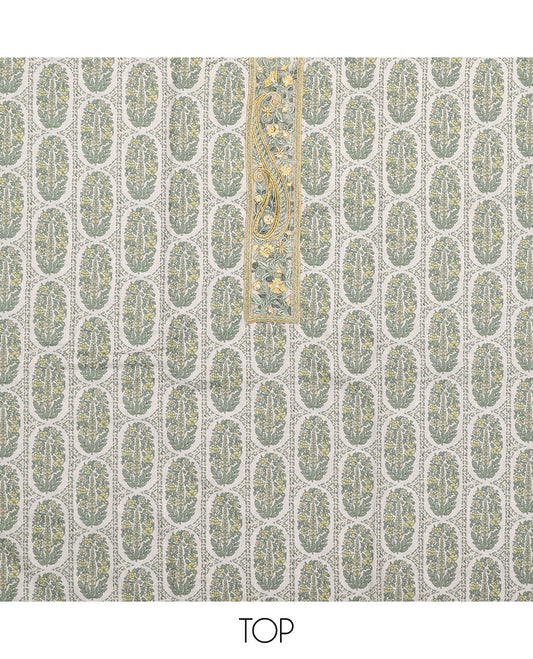 Yellow material chudidar set, intricately printed with neck work top, plain bottom, and floral motifs embroidered dupatta