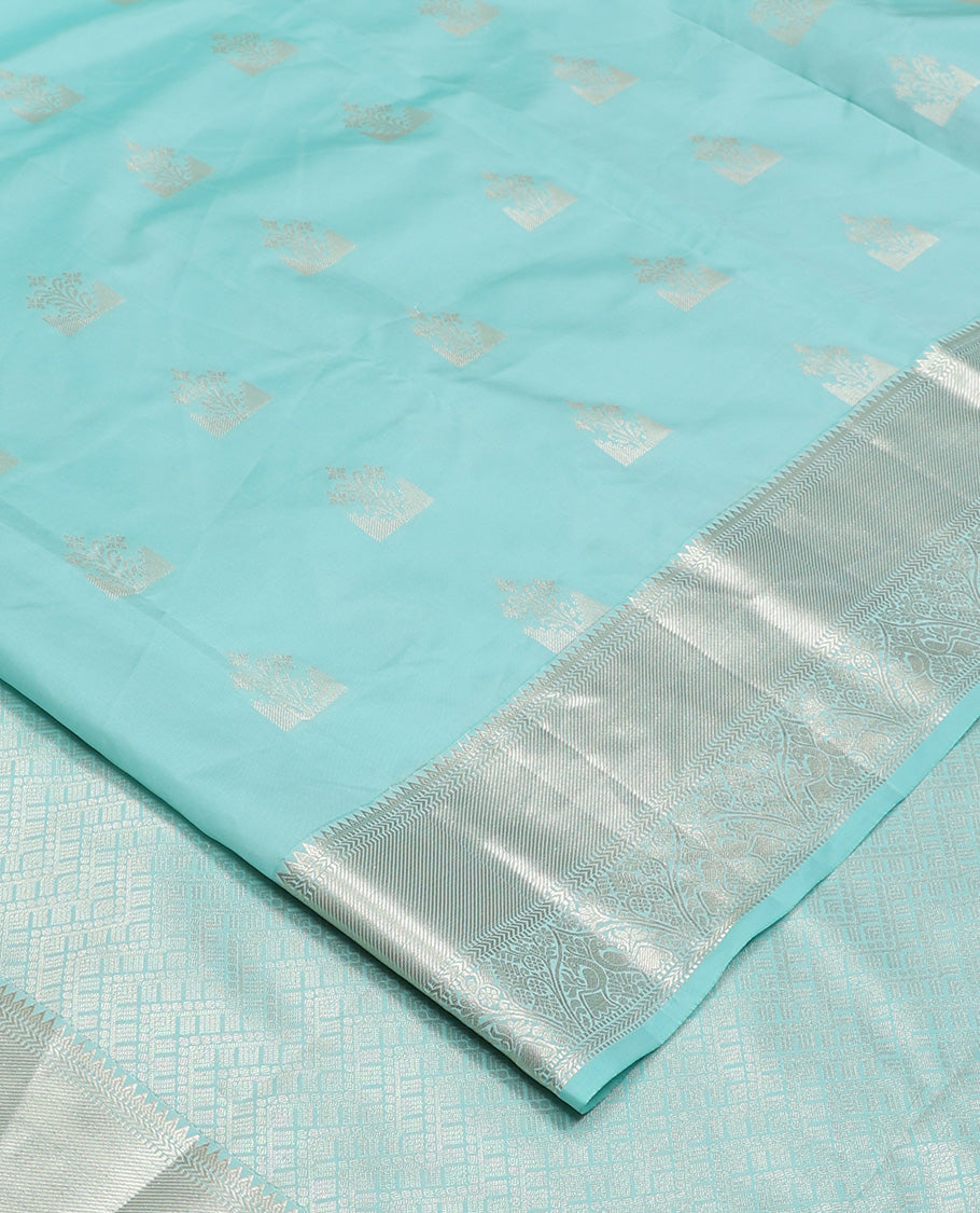 Blue zari buttas Vasundhara silk mix, zari border of rekku, muthu, kathir, mayil, and kodi visiry, and intricate pallu