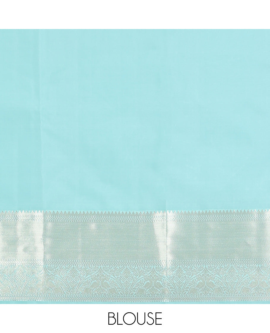 Blue zari buttas Vasundhara silk mix, zari border of rekku, muthu, kathir, mayil, and kodi visiry, and intricate pallu