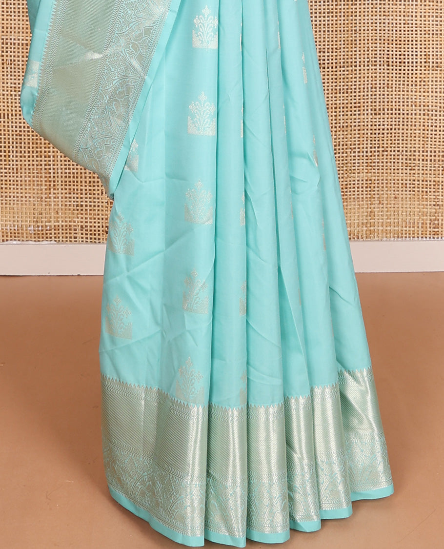 Blue zari buttas Vasundhara silk mix, zari border of rekku, muthu, kathir, mayil, and kodi visiry, and intricate pallu