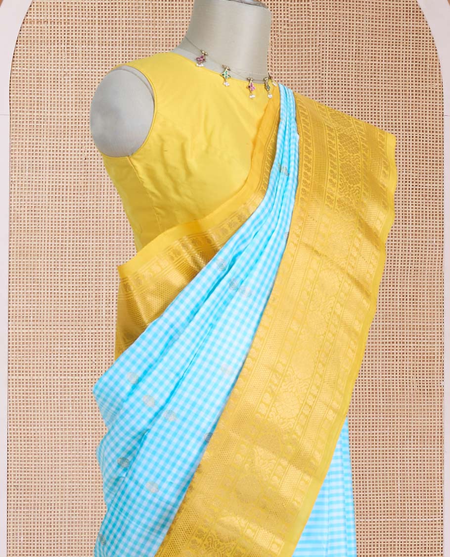 Green micro-checked & zari buttas gadwal silk saree, contrast traditional zari design woven border & zari-rich pallu