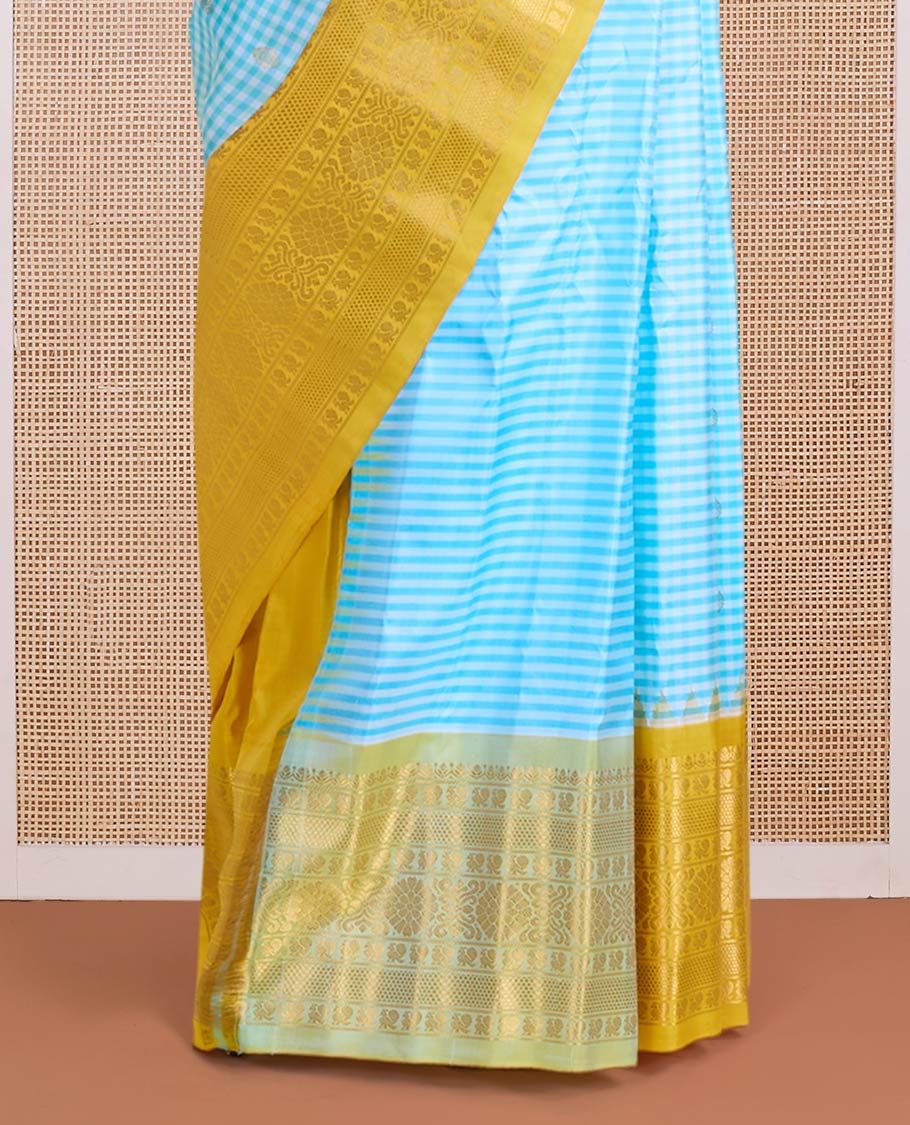 Green micro-checked & zari buttas gadwal silk saree, contrast traditional zari design woven border & zari-rich pallu