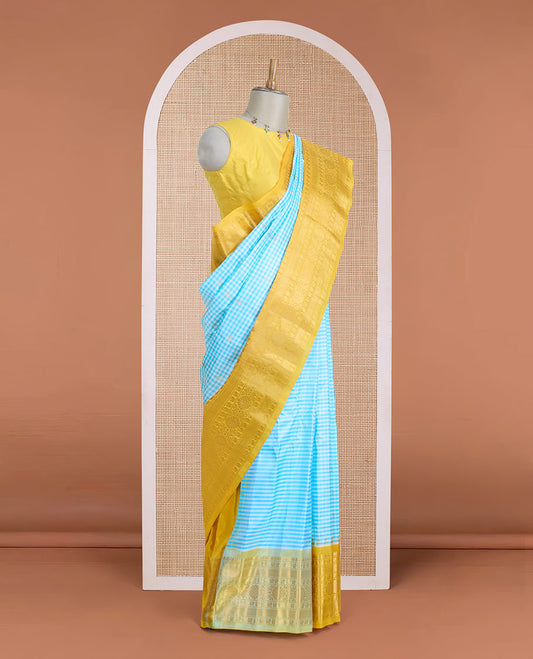 Green micro-checked & zari buttas gadwal silk saree, contrast traditional zari design woven border & zari-rich pallu