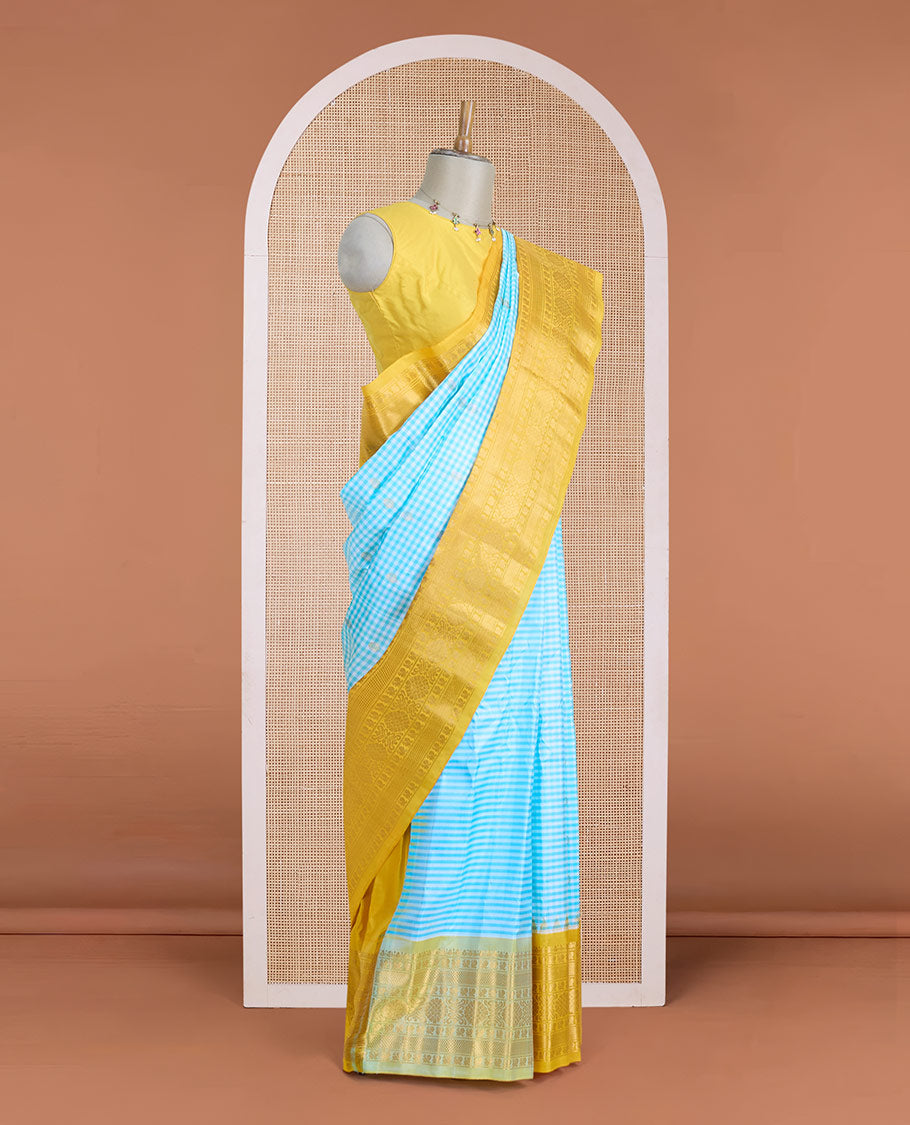 Green micro-checked & zari buttas gadwal silk saree, contrast traditional zari design woven border & zari-rich pallu