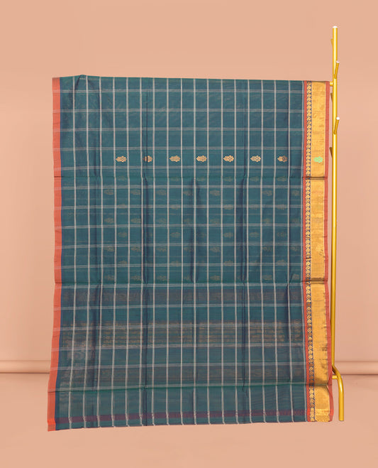 Teal Venkatagiri Cotton Saree Features Buttas, a Contrast Zari-Thread Border, Pallu of Stripes, and No Blouse