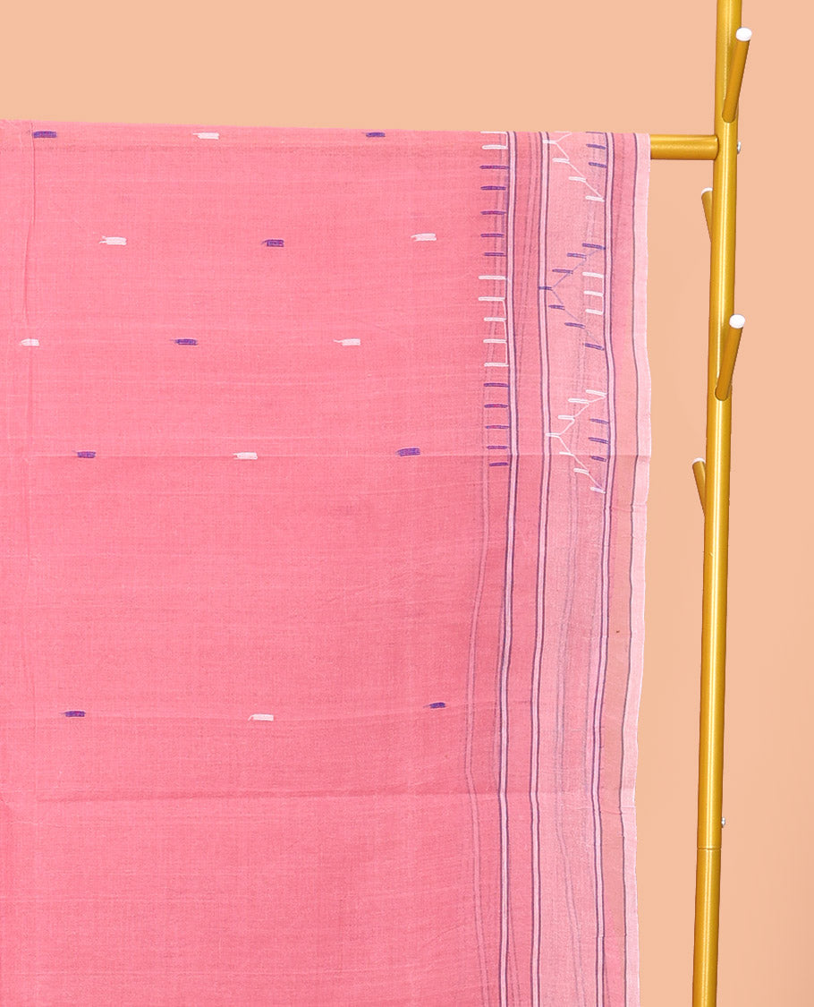 Pink Bengal Cotton Saree, Bedecked with Thread Buttas, a Subtle Border, Pallu of Stripes and Buttas, and a Matching Blouse