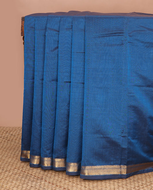 Blue plain poly cotton saree, traditional zari border & striped pallu