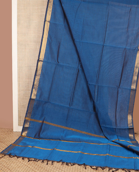 Blue plain poly cotton saree, traditional zari border & striped pallu