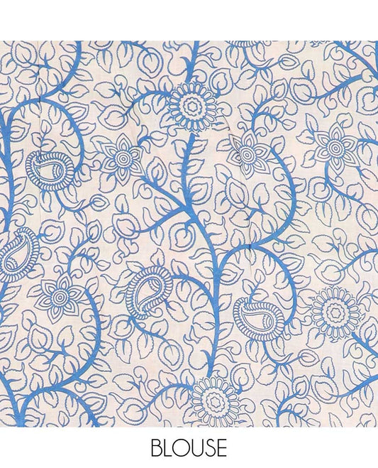 Cream floral machine-printed kalamkari cotton saree, contrast floral & chevron border & peacock pallu