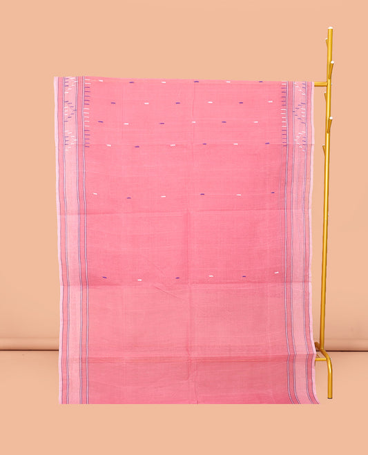 Pink Bengal Cotton Saree, Bedecked with Thread Buttas, a Subtle Border, Pallu of Stripes and Buttas, and a Matching Blouse