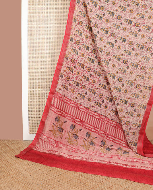 Cream floral design, human motifs with contrast zari design border & floral design pallu