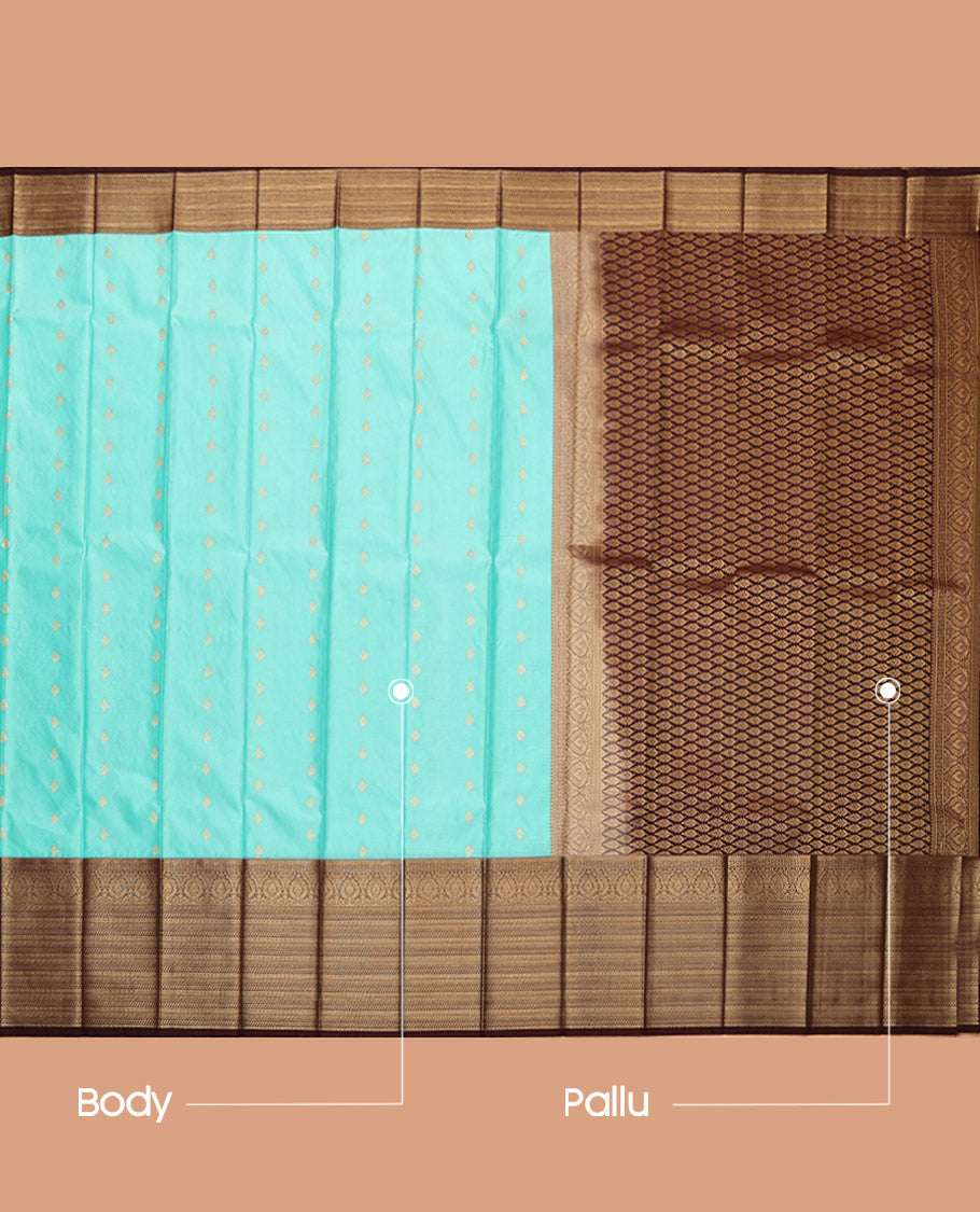 Turquoise Budget Silk Saree, Woven with Zari Buttas, Complemented by a Contrast Traditional Zari Border, Jaal Pallu, and a Contrast Blouse