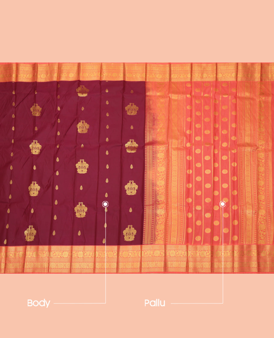 Maroon Budget Silk Saree, Styled with Zari Buttas, Complemented by Contrast Traditional Zari Border, a Grand Pallu and a Contrast Blouse