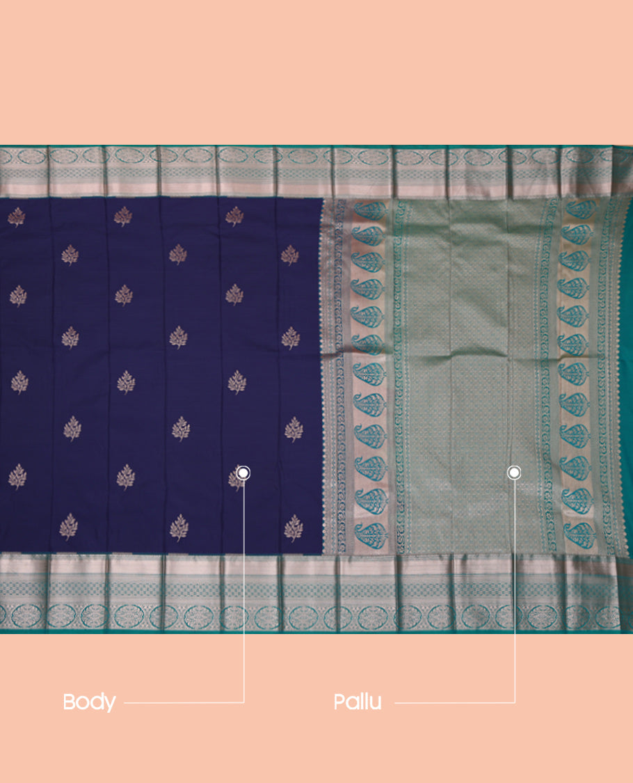 Navy Blue Budget Silk Saree, Gleamed Up with Zari Buttas, Complemented by a Contrast Traditional Zari Border, Grand Pallu, and a Contrast Blouse