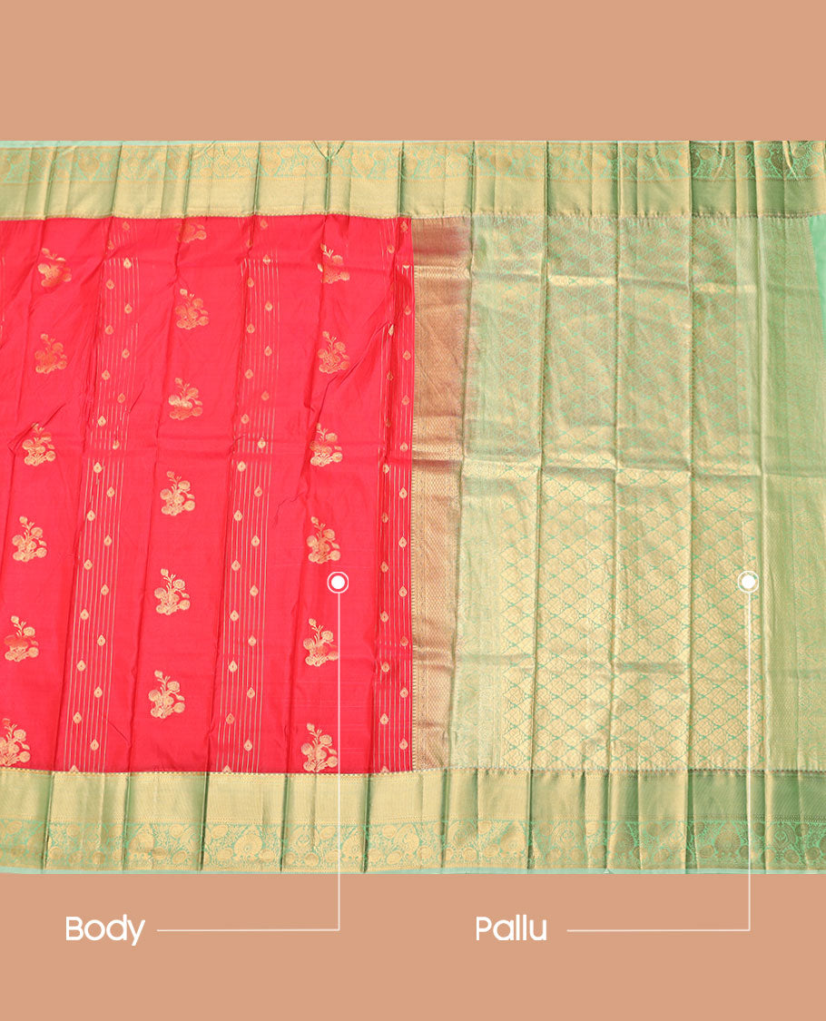Red Budget Silk Saree, Decked Up with Zari Buttas and Stripes, Complemented by Contrast Traditional Zari Border, a Grand Jaal Pallu and a Contrast Blouse