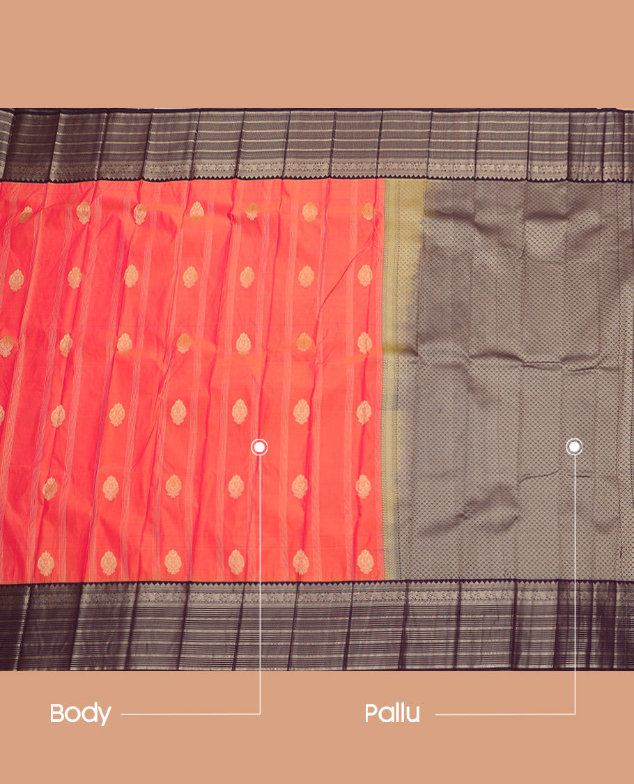 Orange Budget Silk Saree, Beautified with Zari Buttas, Complemented by a Contrast Traditional Zari Border, Grand Pallu, and a Contrast Blouse