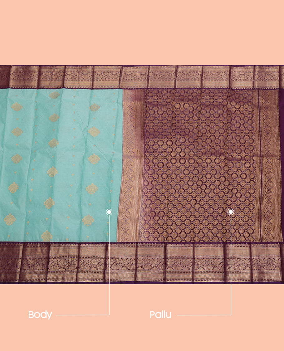 Pale Blue Budget Silk Saree, Subtly Sparkled with Zari Buttas, Complemented by a Contrast Traditional Zari Border, Jaal Pallu, and a Contrast Blouse