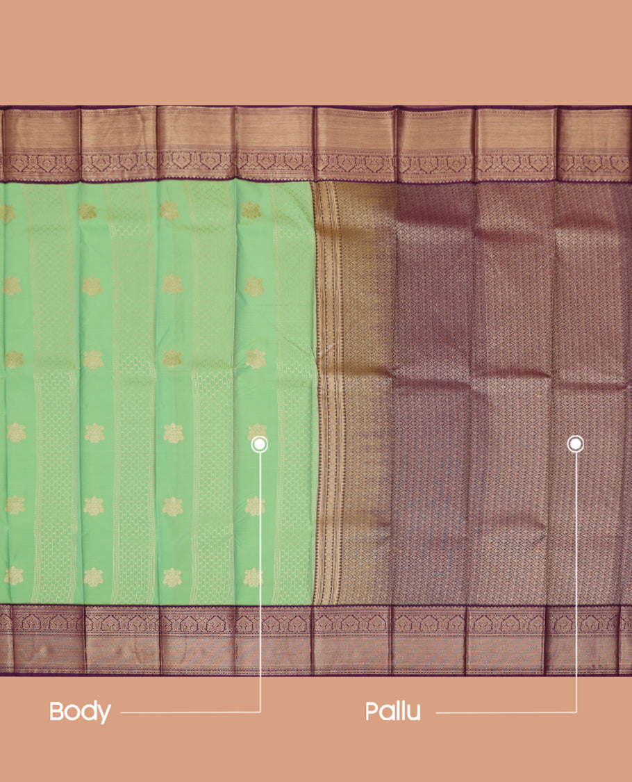 Pista Green Budget Silk Saree, Subtly Enriched with Zari Buttas and Stripes, a Contrast Traditional Zari Border, Grand Pallu, and a Contrast Blouse