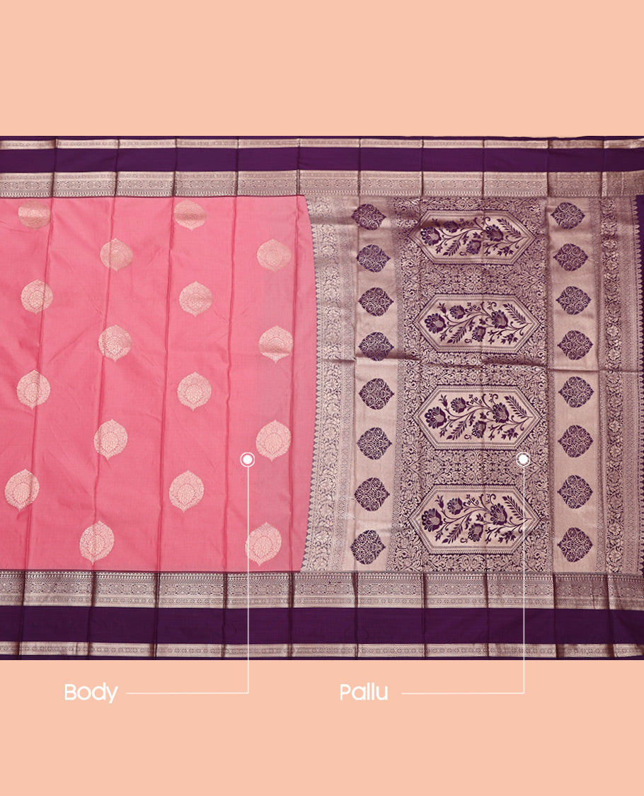 Pink Budget Silk Saree, Elevated with Zari Buttas All Over Its Body, Complemented by a Contrast Traditional Zari Design Rettai Pettu Border, Intricate Pallu, and Paired with a Contrast Blouse