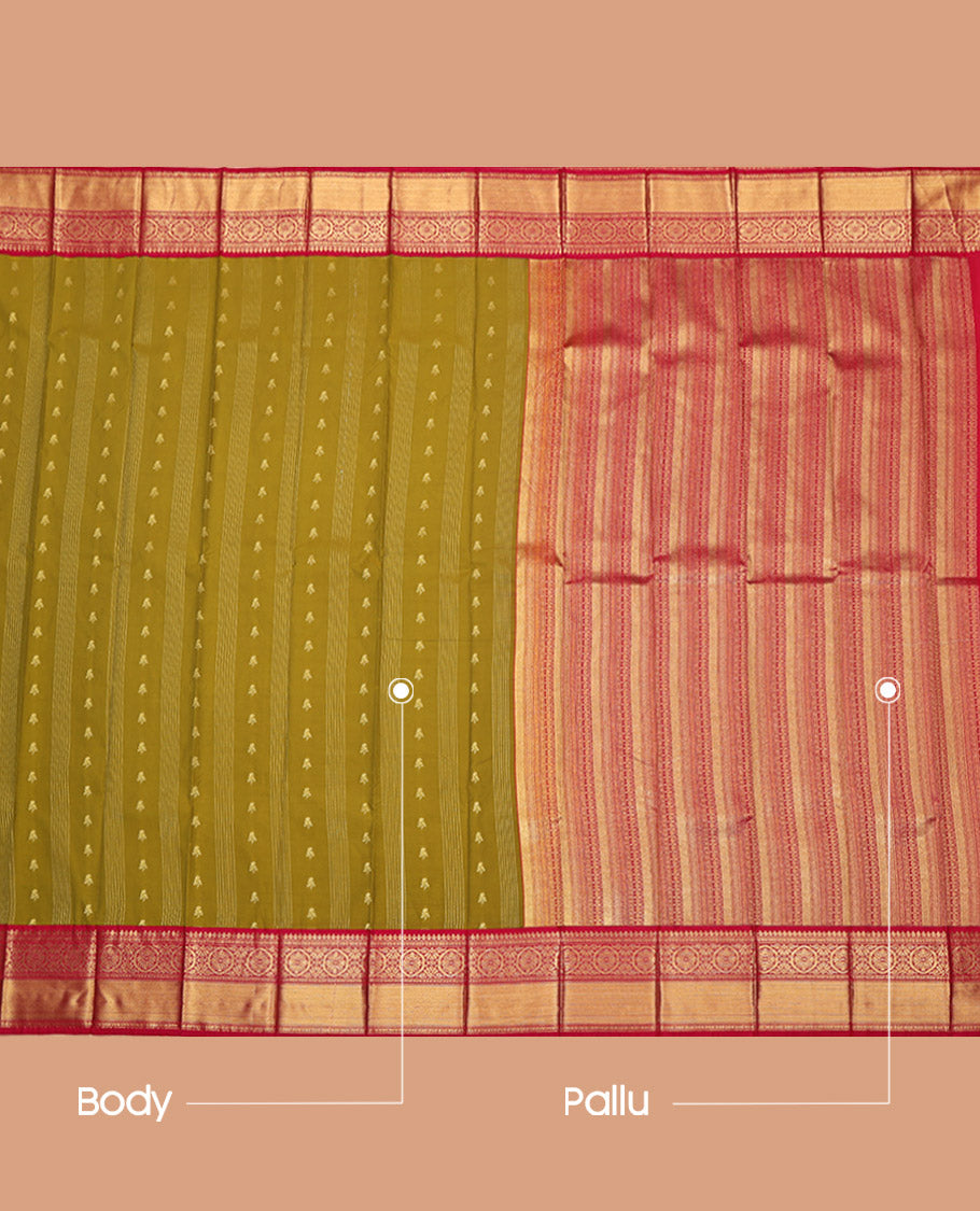 Green Budget Silk Saree, Adorned with Zari Buttas on Its Body, Complemented by a Contrast Traditional Zari Design Border, Grand Geometric-Patterned Pallu, and Paired with a Contrast Blouse