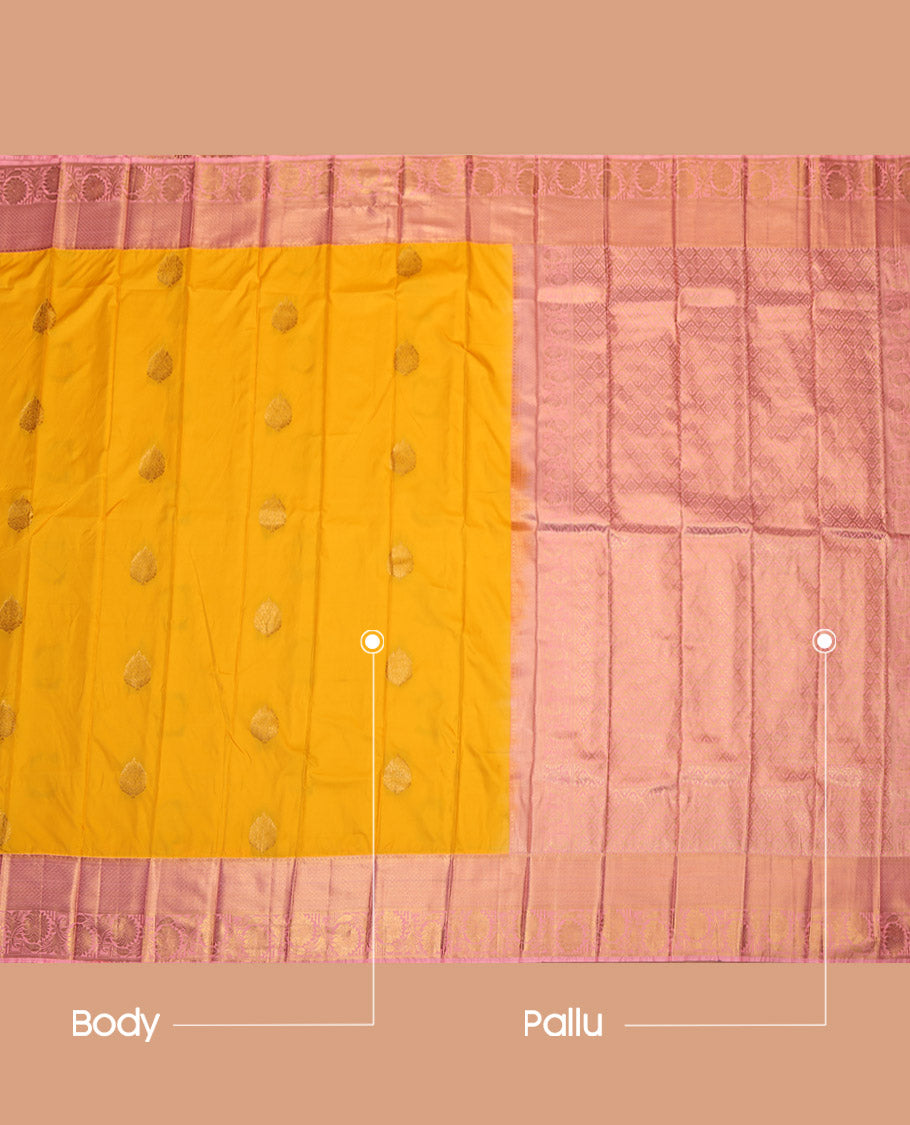 Yellow Budget Silk Saree, Sparsely Woven with Zari Buttas, Complemented by a Contrast Traditional Border, Grand Pallu, and a Contrast Blouse