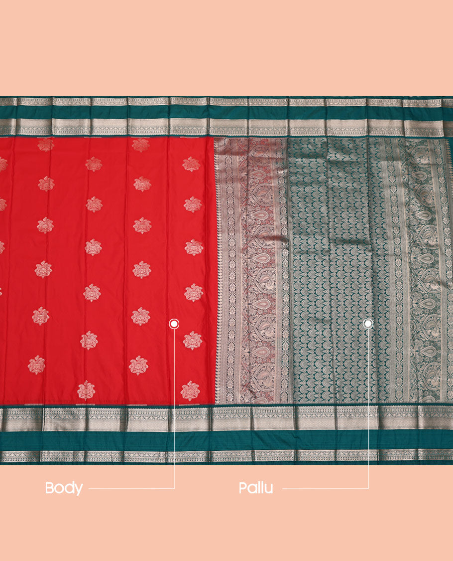 Red Budget Silk Saree, Adorned with Zari Buttas on Its Body, Complemented by a Contrast Traditional Zari Design Rettai Pettu Border, Intricately Designed Pallu, and Paired with a Contrast Blouse