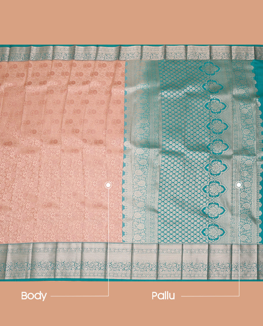 Light Peach Budget Silk Saree, Showcasing Jacquard Design, Complemented by Contrast Traditional Zari Border, a Grand Pallu and a Contrast Blouse
