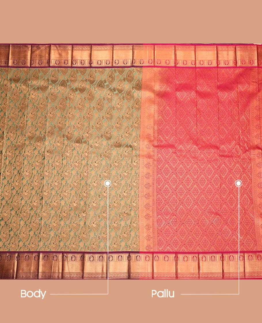 Green Budget Silk Saree, Decorated with Jacquard Design, Complemented by a Contrast Traditional Zari Border, Jaal Pallu, and Contrast Blouse