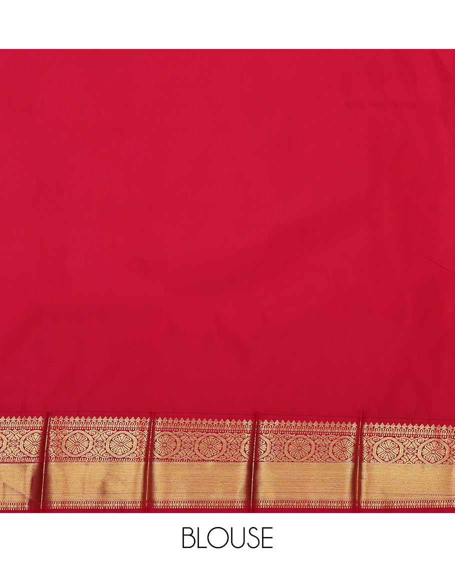 Green Budget Silk Saree, Adorned with Zari Buttas on Its Body, Complemented by a Contrast Traditional Zari Design Border, Grand Geometric-Patterned Pallu, and Paired with a Contrast Blouse