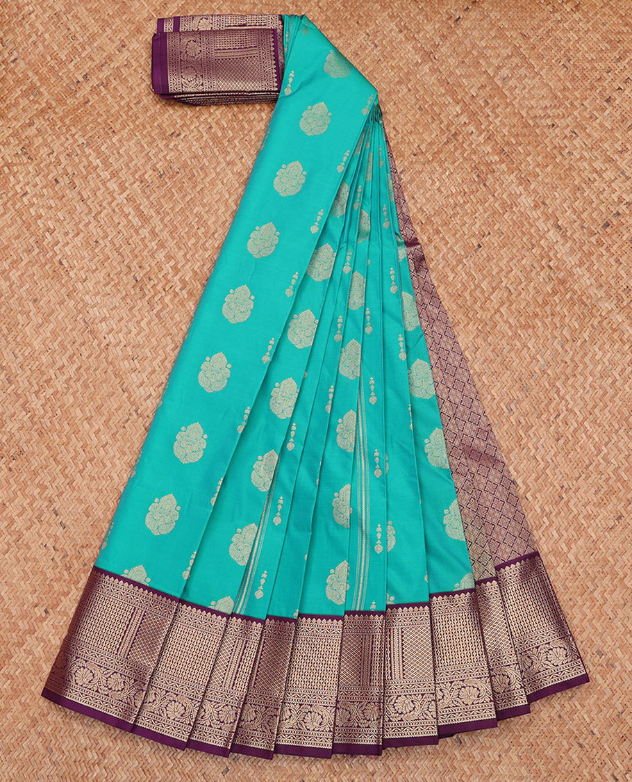 Turquoise Budget Silk Saree, Elevated with Zari Buttas, Complemented by a Contrast Traditional Zari Border, Grand Pallu, and Contrast Blouse
