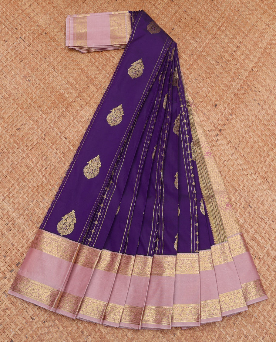 Violet Budget Silk Saree, Graced with Zari Buttas and Stripes, Complemented by a Contrast Traditional Zari Rettai Pettu Border, Grand Pallu, and a Contrast Blouse