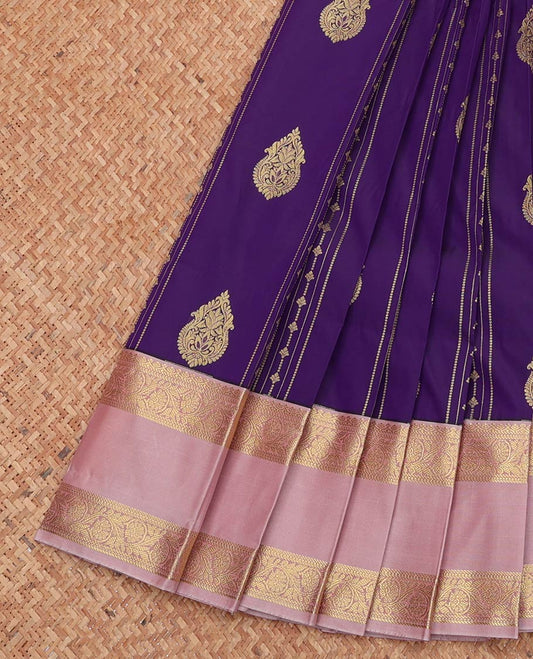 Violet Budget Silk Saree, Graced with Zari Buttas and Stripes, Complemented by a Contrast Traditional Zari Rettai Pettu Border, Grand Pallu, and a Contrast Blouse