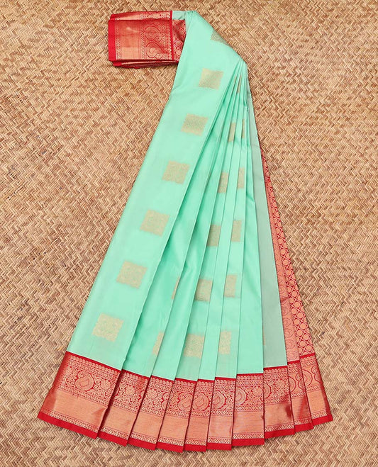 Turquoise Budget Silk Saree, Subtly Sparkled with Zari Buttas, a Contrast Traditional Zari Border, Jaal Pallu, and a Contrast Blouse