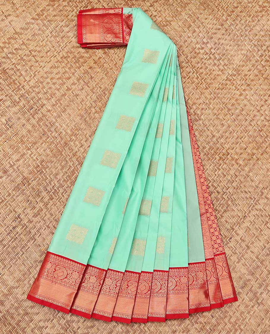 Turquoise Budget Silk Saree, Subtly Sparkled with Zari Buttas, a Contrast Traditional Zari Border, Jaal Pallu, and a Contrast Blouse