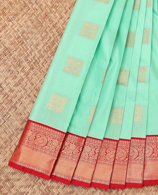 Turquoise Budget Silk Saree, Subtly Sparkled with Zari Buttas, a Contrast Traditional Zari Border, Jaal Pallu, and a Contrast Blouse