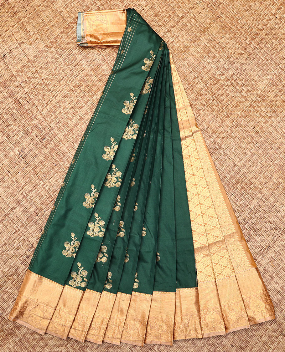 Green Budget Silk Saree, Woven with Zari Buttas and Stripes, Complemented by Contrast Traditional Zari Border, a Grand Jaal Pallu and a Contrast Blouse
