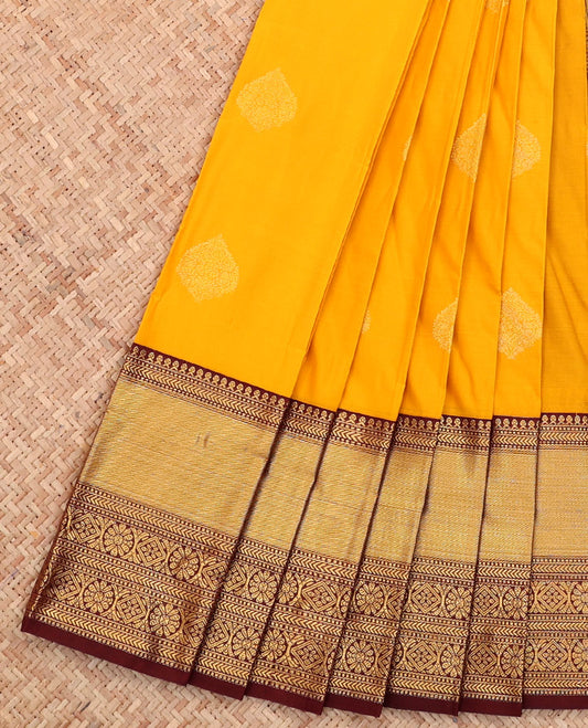 Yellow Budget Silk Saree, Subtly Sparkled Zari with Buttas All Over Its Body, Complemented by a Contrast Traditional Zari Border, Intricately Designed Pallu, and Paired with a Contrast Blouse