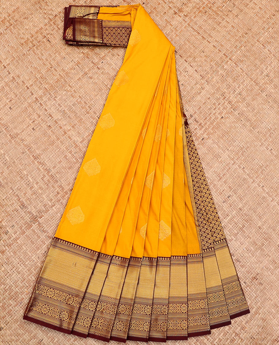 Yellow Budget Silk Saree, Subtly Sparkled Zari with Buttas All Over Its Body, Complemented by a Contrast Traditional Zari Border, Intricately Designed Pallu, and Paired with a Contrast Blouse