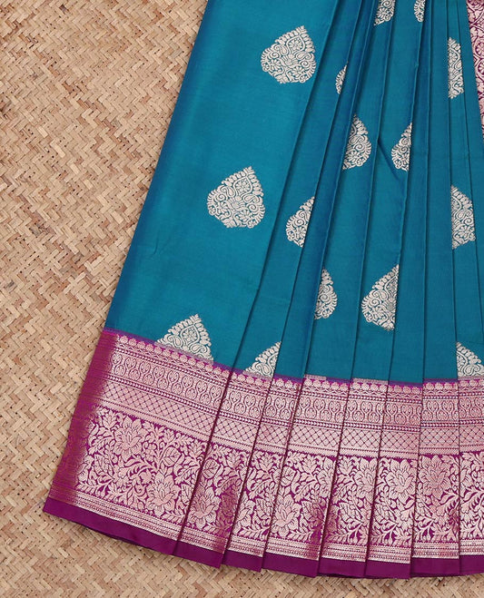 Peacock Blue Budget Silk Saree, Enriched with Zari Buttas on Its Body, Complemented by a Contrast Traditional Zari Design Border, Intricately Designed Pallu, and Paired with a Contrast Blouse