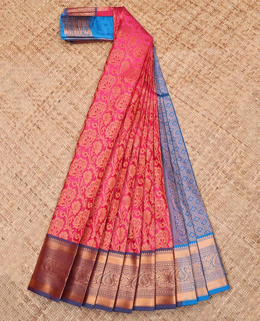 Pink Budget Silk Saree, Detailed with Floral Jacquard Design, Complemented by a Contrast Traditional Zari Border, Jaal Pallu, and a Contrast Blouse